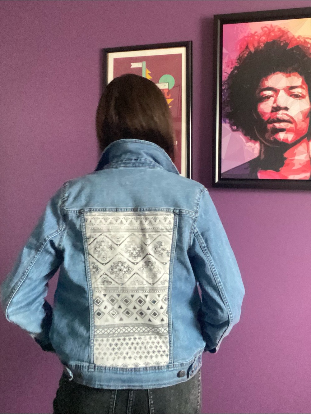 Women’s Jean Jacket Embellished with Boho Pattern Panel - Size Medium